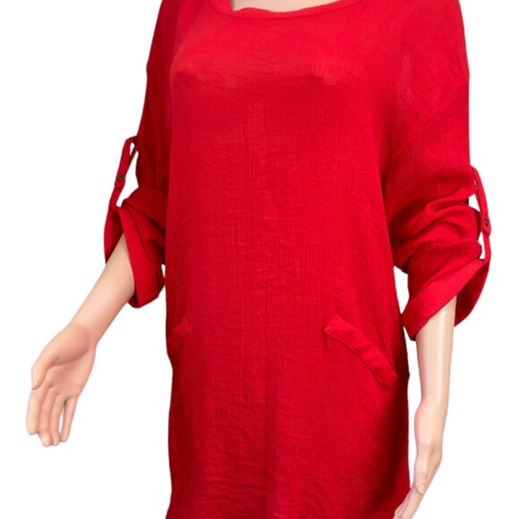 Umgee Women SZ M- Red Woven Knit Top Tunic Pullover Roll Tap Sleeve Faux Pockets - Picture 14 of 15